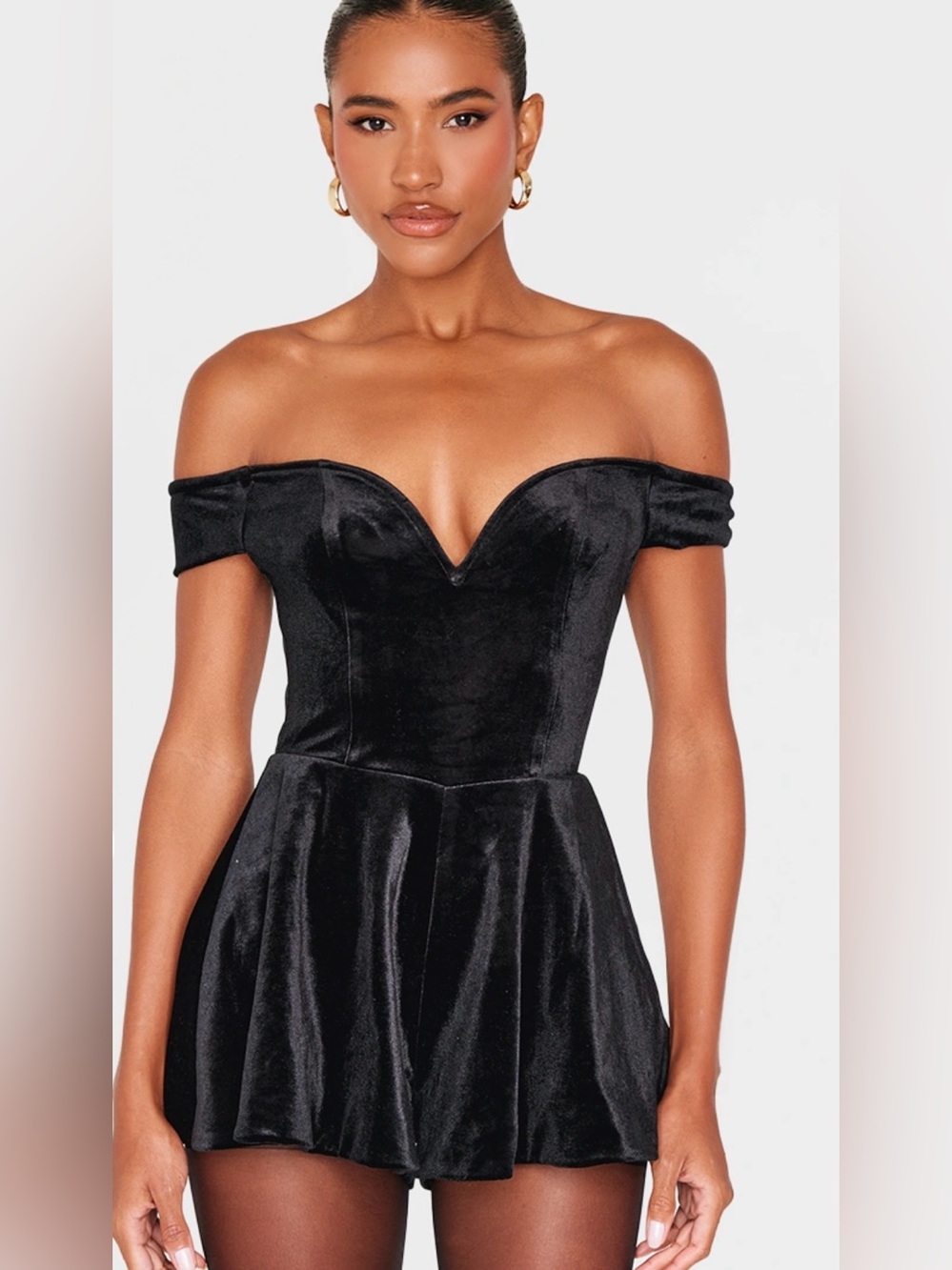 Black Velvet Bardot Sweetheart Neckline Floaty Playsuit